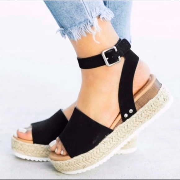 Ladies Black Platform ankle strap espadrille - Picture 2 of 5